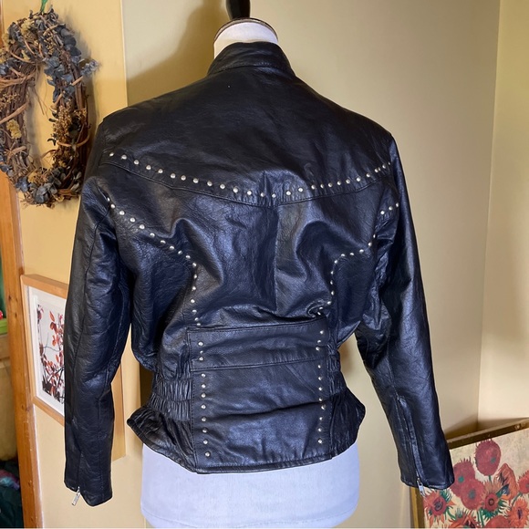 Vintage 80s Black Leather Jacket STUD Zip-Front YKK Silver HW Rock-N-Roll Biker - Picture 6 of 16